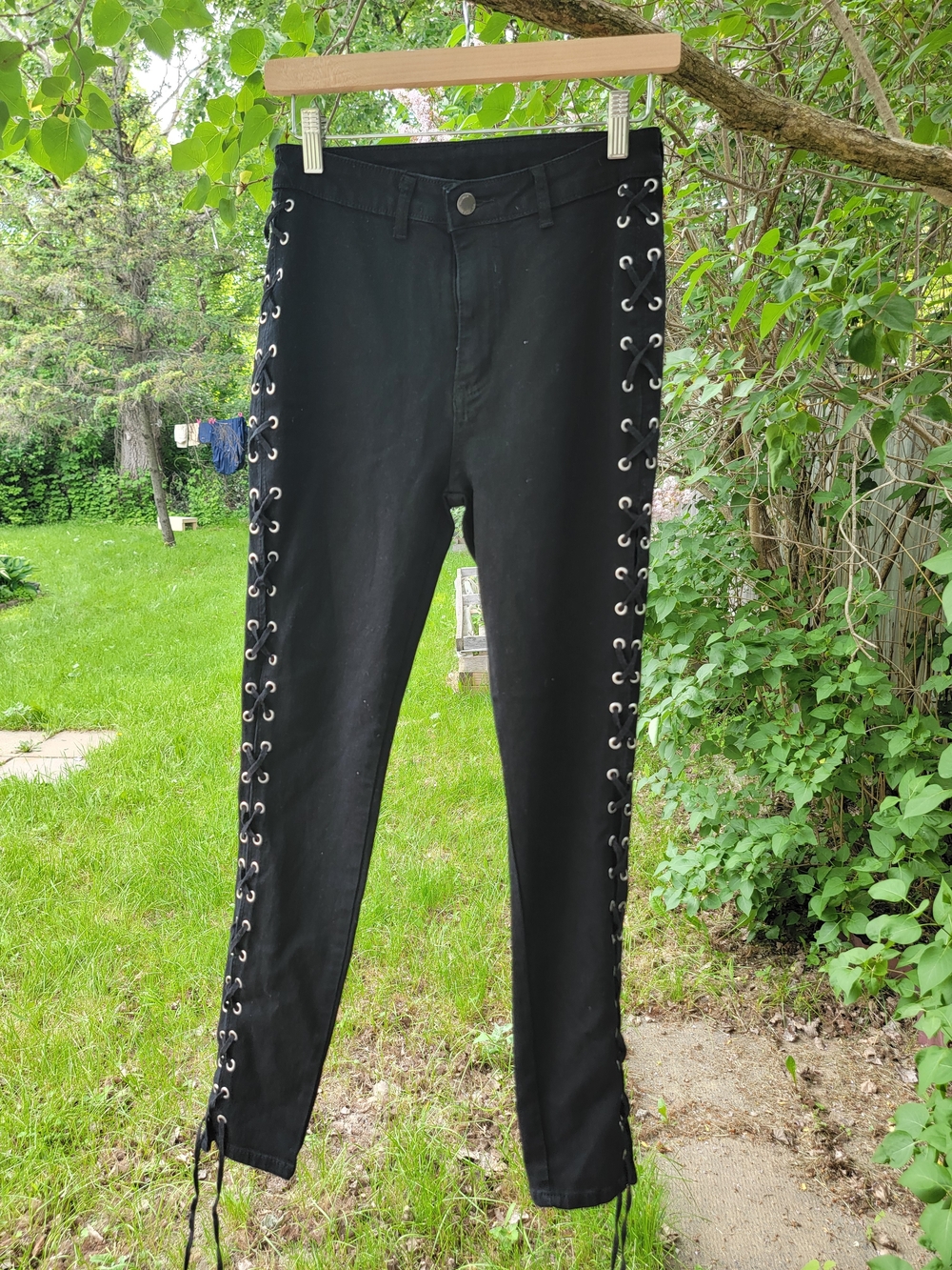 Black New Lace-Up Side Detail Women's Jeans | Size Small Stretch Denim